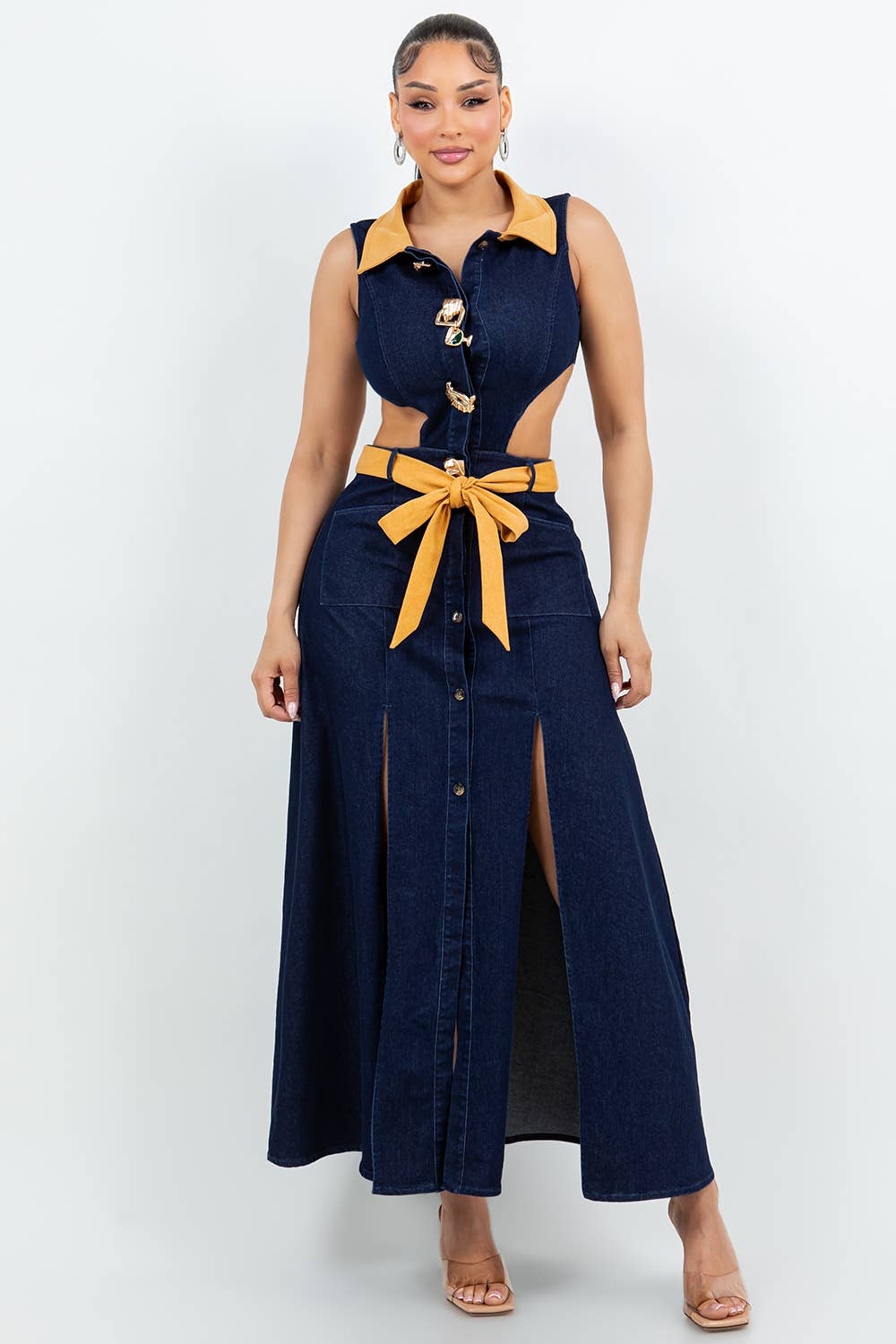 Wholesale D14122 Denim Maxi Dress with Slits for your store