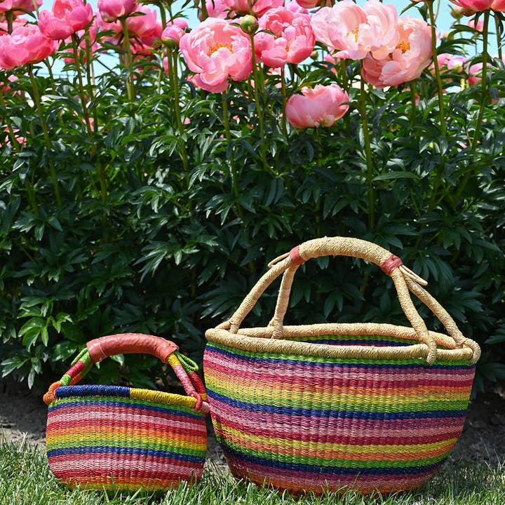 Swahili | AFRICAN MODERN - Wholesale Basket - Kids & Baby - Rainbow Chaser Baby Bolga Basket with Leather Handle