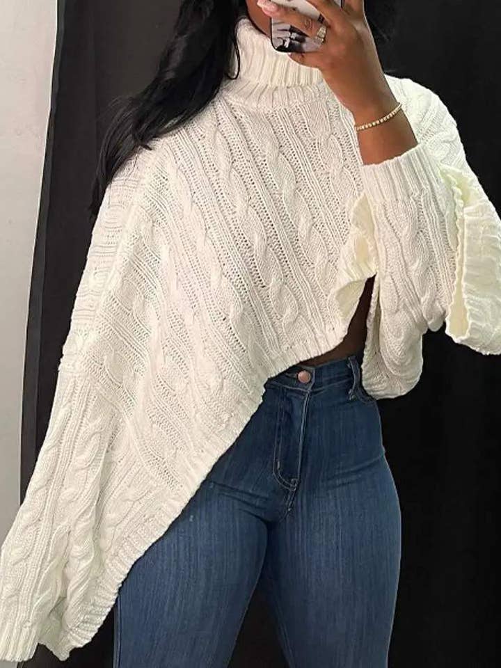 Flarix - Wholesale Knit Sweater - Women's - high low hem turtleneck cable knit sweater