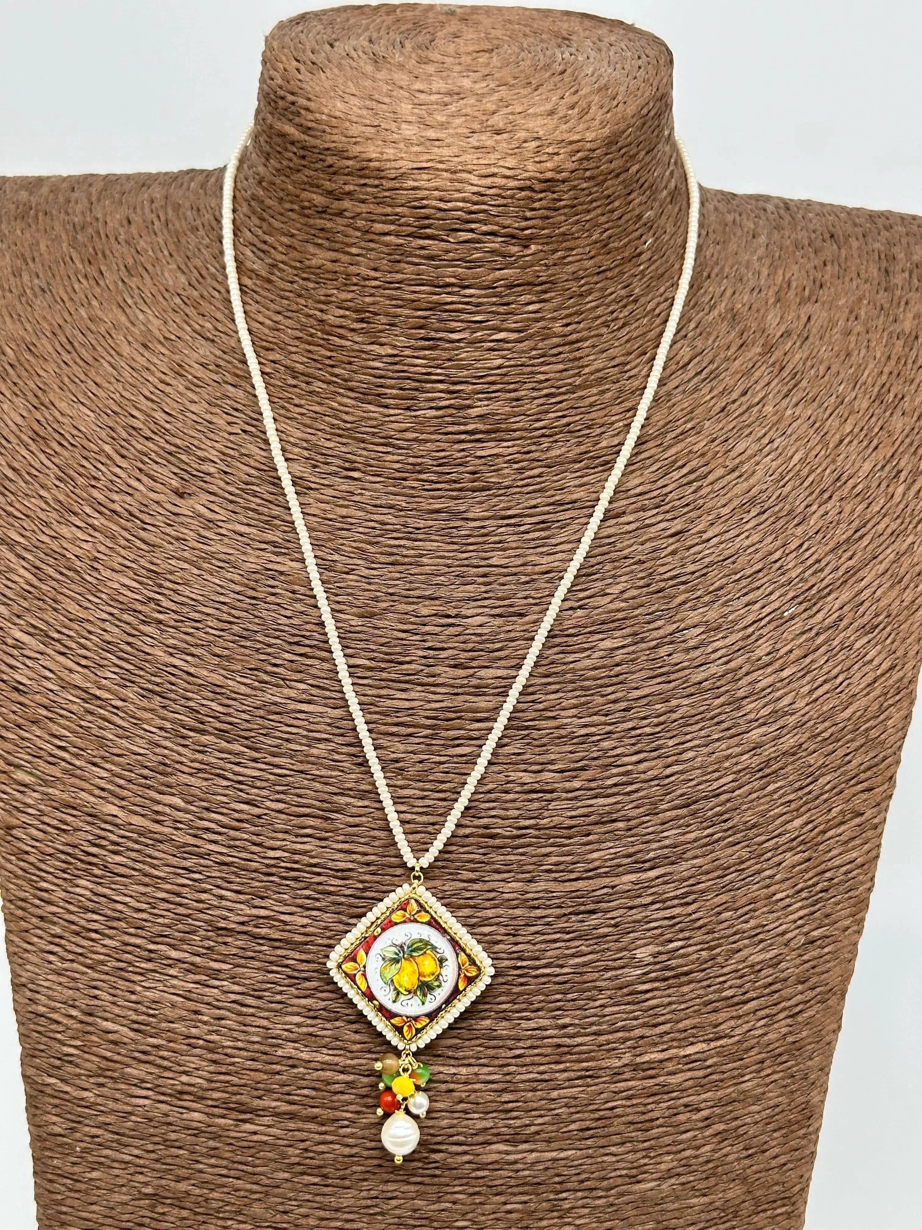 DD Ceramiche Siciliane - Wholesale Pendant/Charm Necklace - Caltagirone Ceramic Tile Necklace, Lemons Decor, frame and chain, white beads3