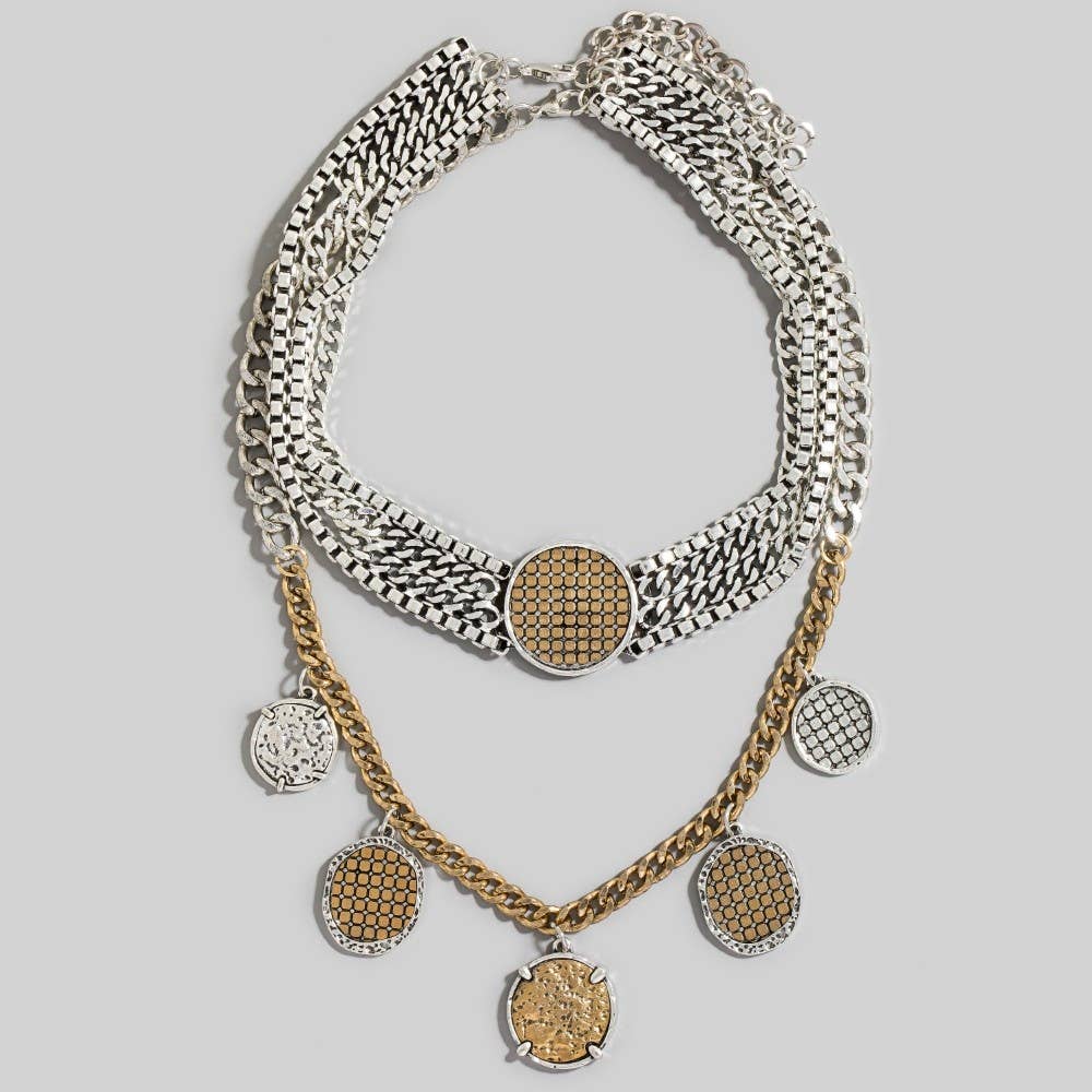 GS Two Tone Coin Charms Layered Chain Statement Necklace for wholesale on Faire1