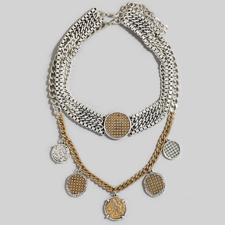 GS Two Tone Coin Charms Layered Chain Statement Necklace for wholesale on Faire1