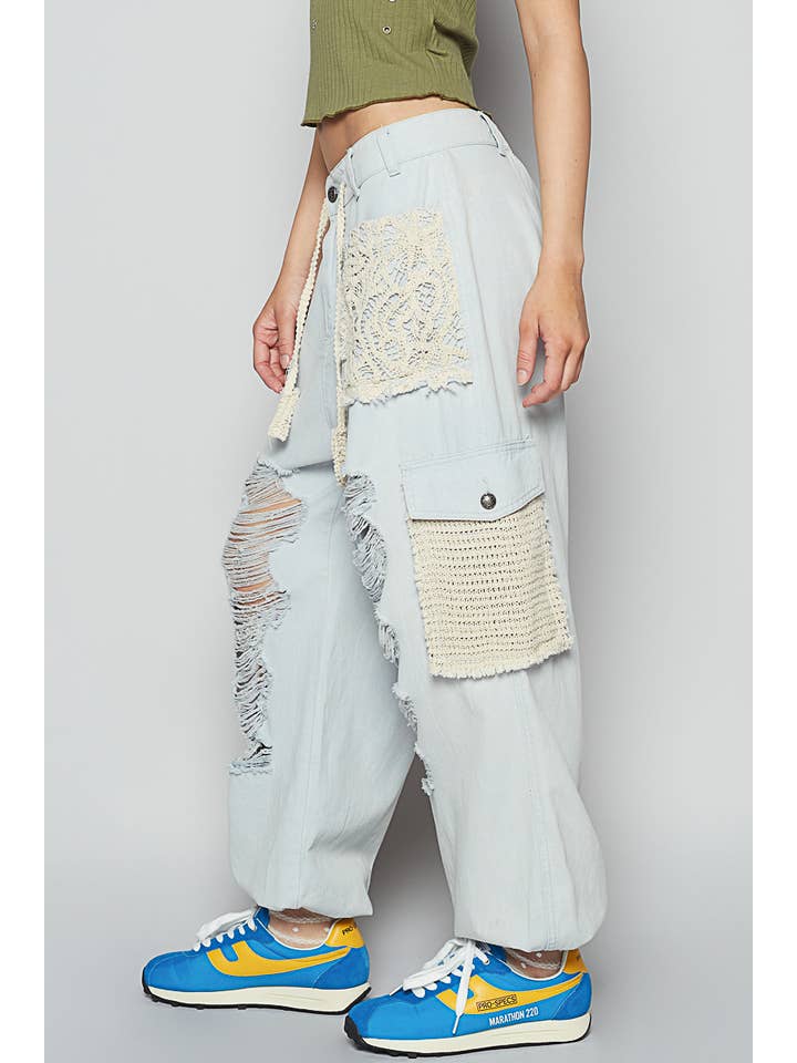Pol Clothing - Wholesale Pants - Women's - Vintage wash crochet patches distress jogger pants SALE