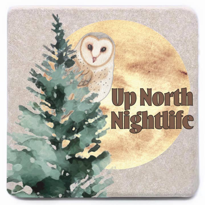 Up North Nightlife or Your Town Owl w/ Moon & Tree Coaster for wholesale by Noomoon