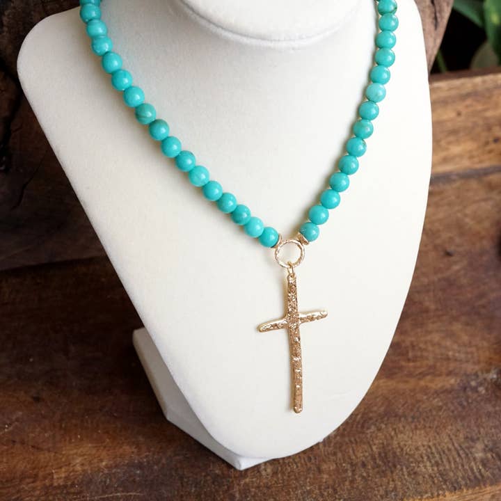 PennyLine inc - Wholesale Beaded/Pearl Necklace - Primitive Cross Necklace Gold Pearl Turquoise Beads