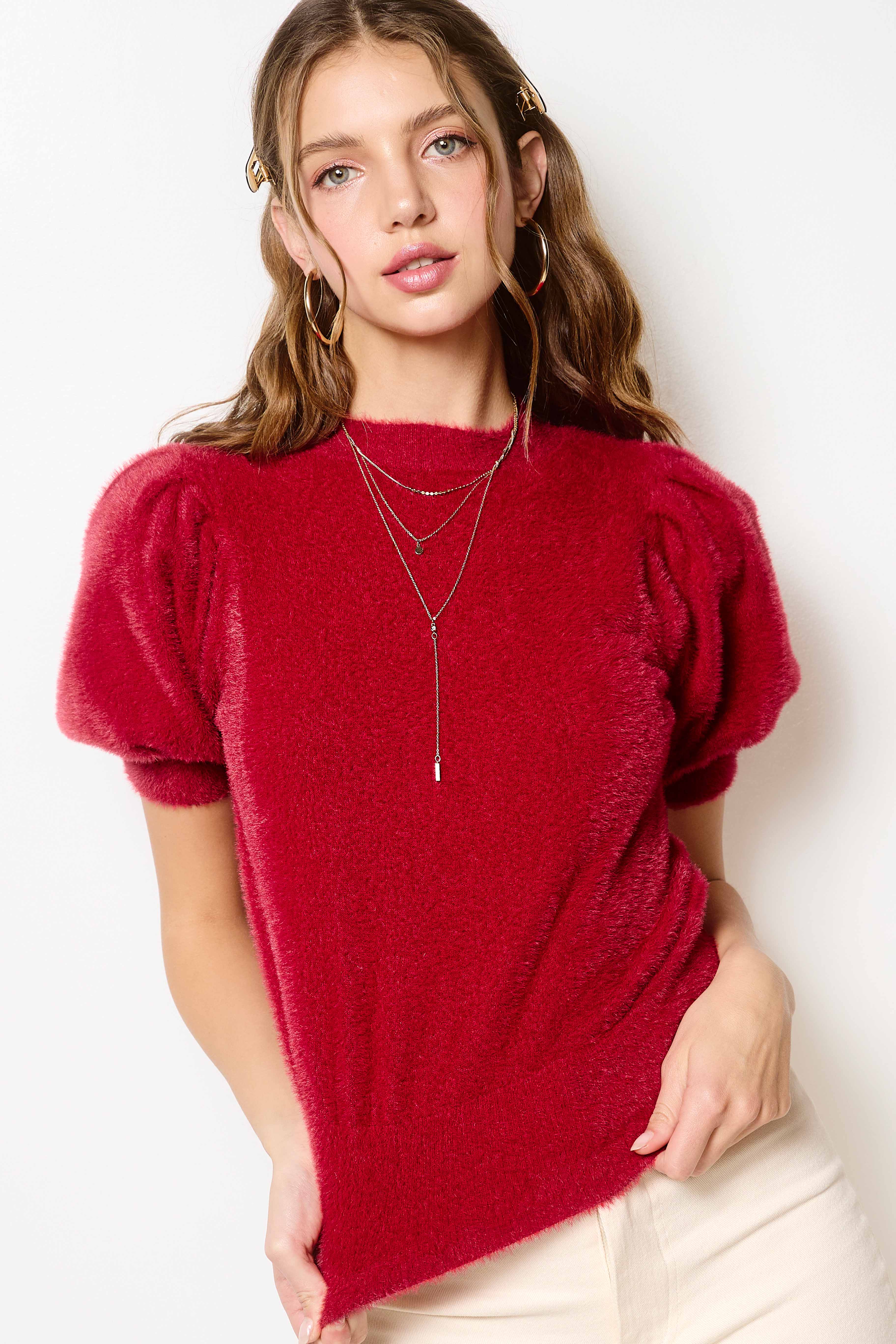 La Miel - Wholesale Blouse - Women's - JCS3554-Soft Mohair Puff Short Sleeve Knit Top3