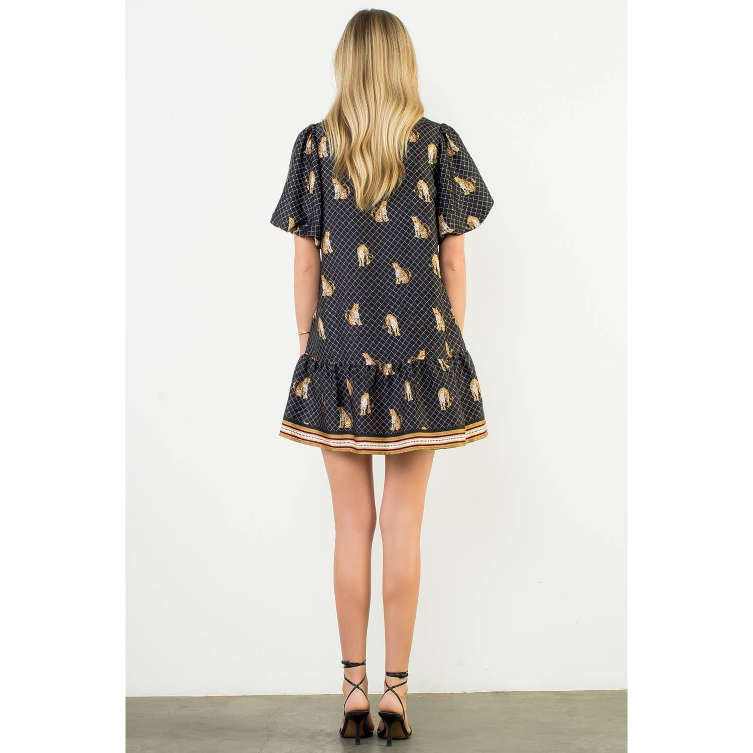 BLACK Puff Sleeve Leopard Print V-Neck Dress for wholesale on Faire4
