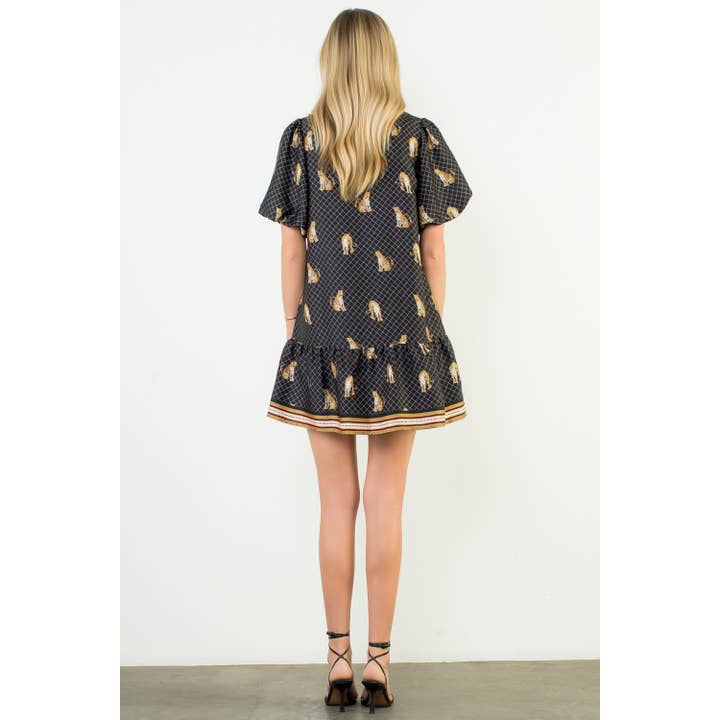 BLACK Puff Sleeve Leopard Print V-Neck Dress for wholesale on Faire4