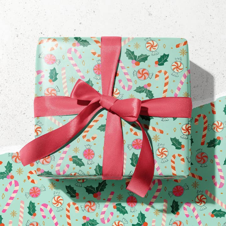 KelseyMDesigns - Wholesale Wrapping Paper Roll - Christmas Candy Canes Wrapping Paper - 3 Sheet Roll