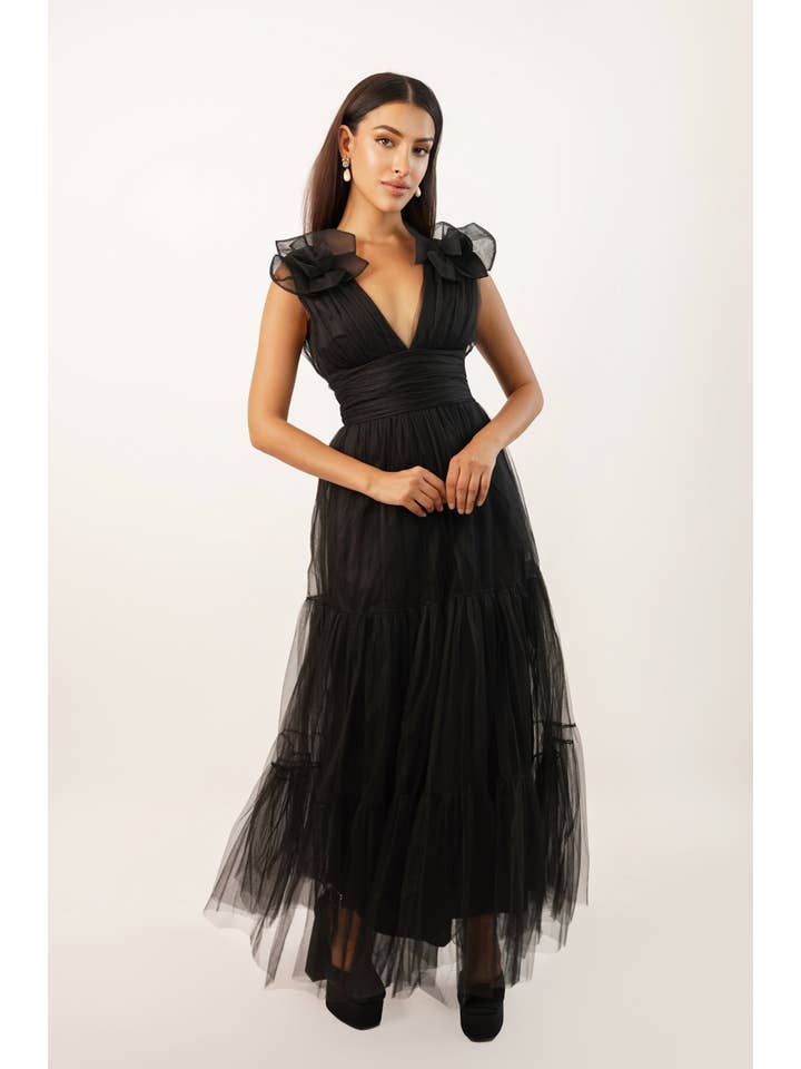 Chana Plunge Corsage Maxi Dress in Black for wholesale on Faire