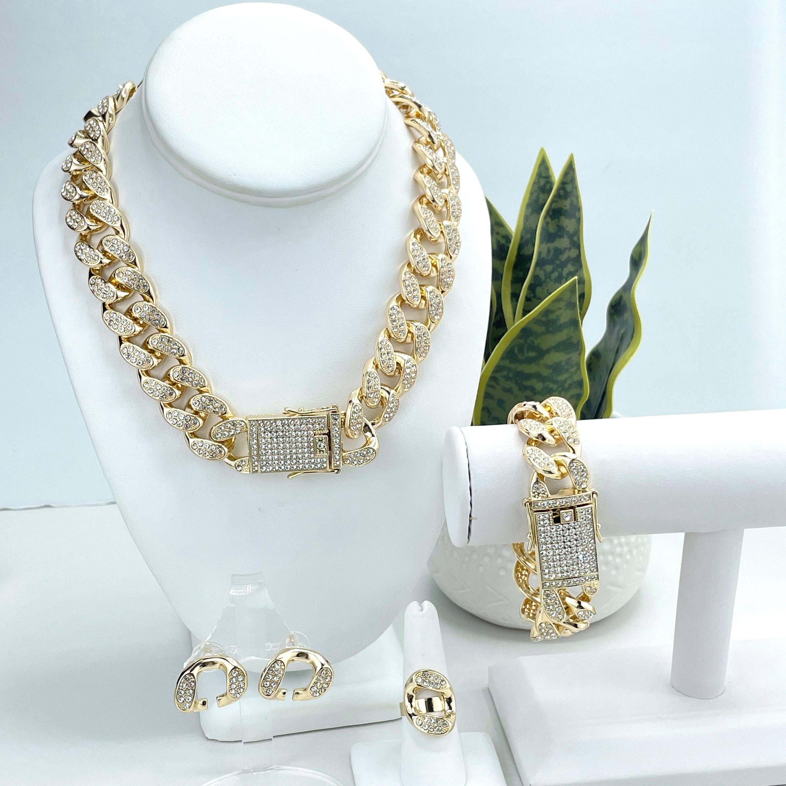 DIJU Jewelry - Wholesale Jewelry Set - 14k Gold Filled, Iced Miami Cuban Link, Double Safety Lock Box Cubic Zirconia, Chain, Bracelet, Earrings & Ring Set, Wholesale Jewelry2