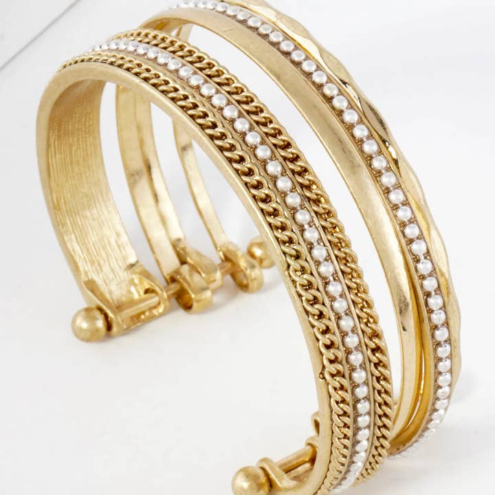 Wild Honey - Wholesale Cuff Bracelet - Dual-Tone Chain Ball Textured Layered Metal Open Cuff Bracelet0
