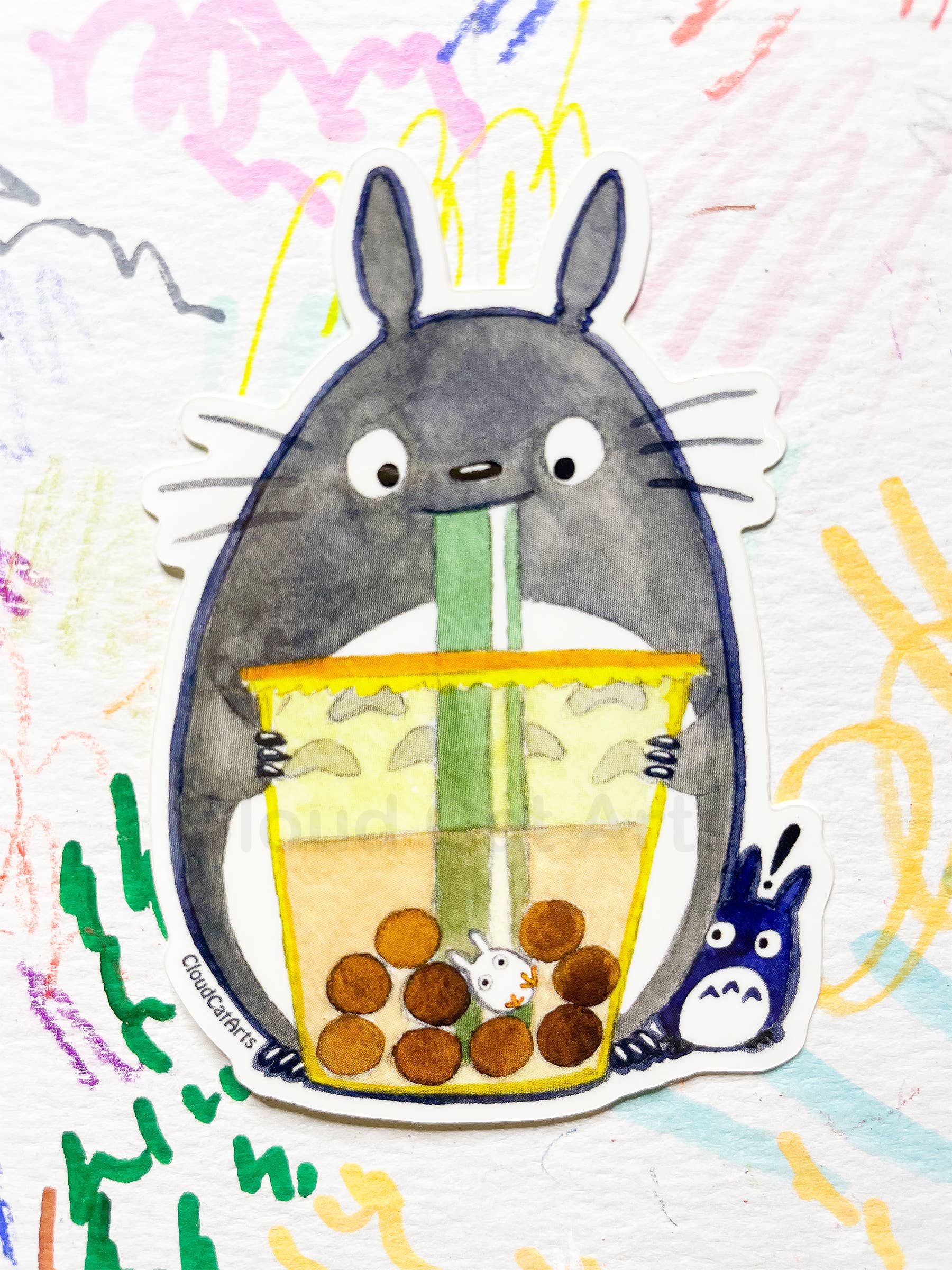 Cloud Cat Arts - Wholesale Sticker - Forest Spirit with Boba Sticker - Kawaii Bubble Tea Totoro1
