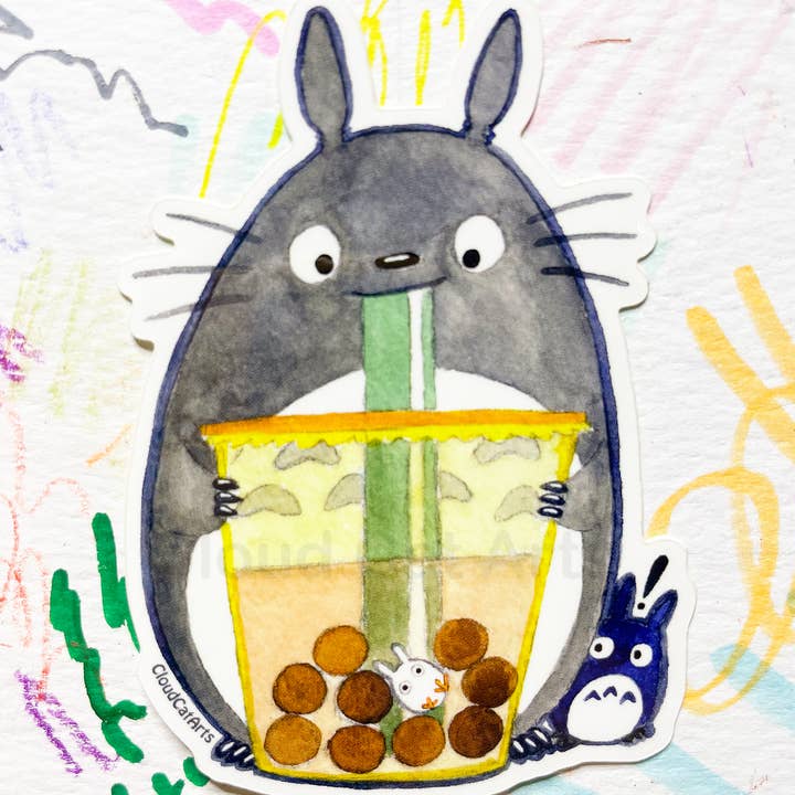 Cloud Cat Arts - Wholesale Sticker - Forest Spirit with Boba Sticker - Kawaii Bubble Tea Totoro1