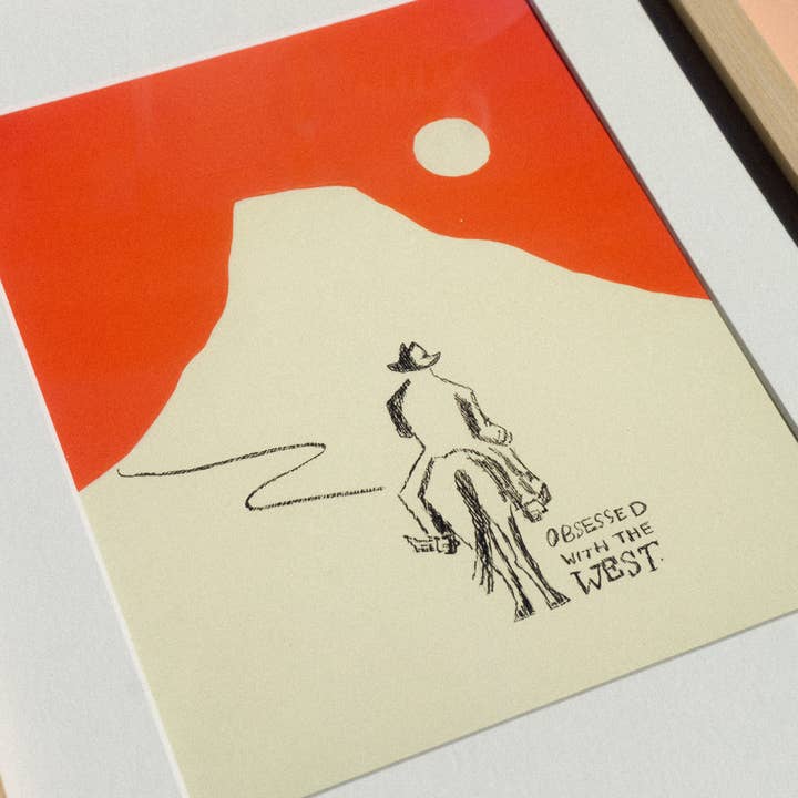 Mel K. Olrich Art - Wholesale Art Print - Cowboy riding off into the sunset, modern western wall art