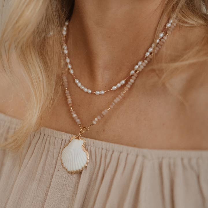 True by Kristy Jewelry - Wholesale Beaded/Pearl Necklace - Big Island Shell Sunstone Beaded Toggle Necklace Gold Filled