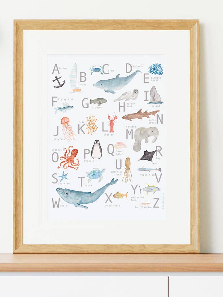 Alfabet Vægkunst, Kysttema Børneindretning ABC Plakat for engroshandel hos Jennifer Vaudo Art