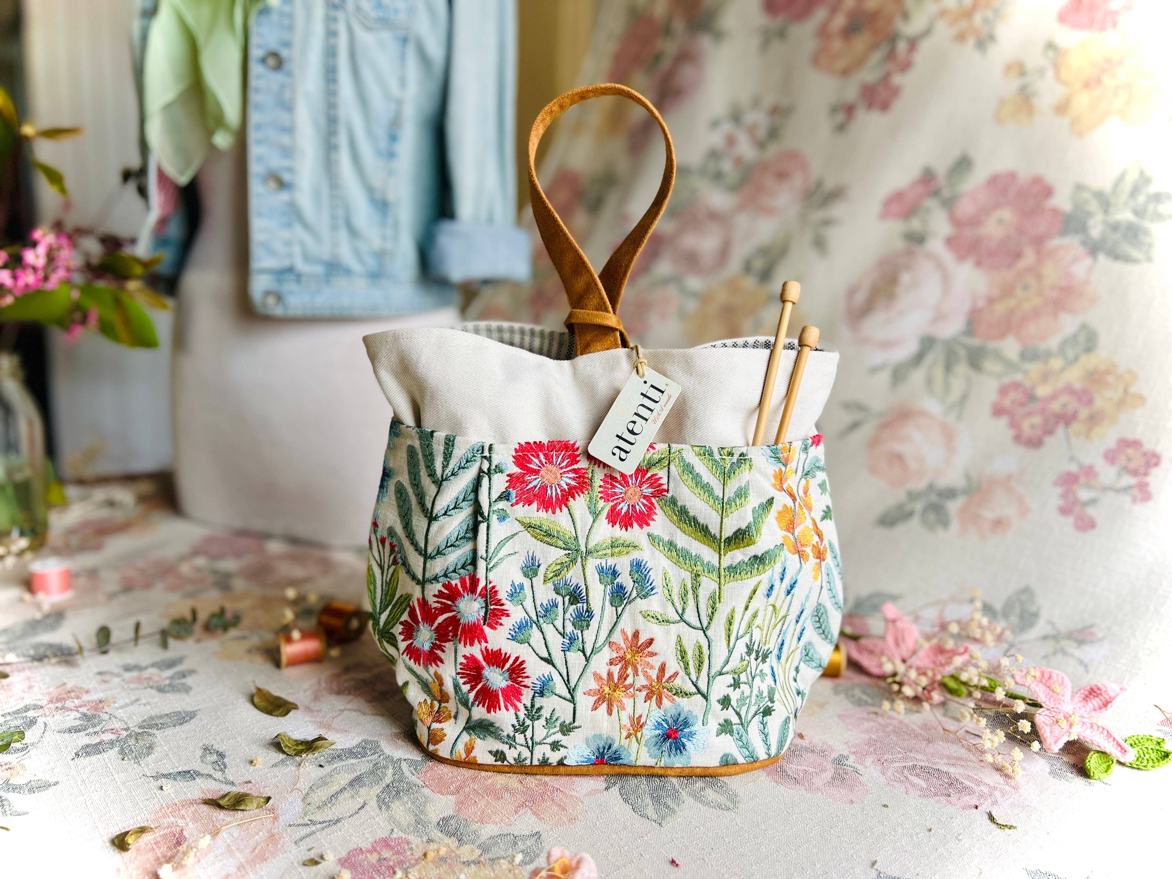 Atenti - Wholesale Tote Bag - Women's - Wildflower Tall Caddy– Handmade USA Embroidered Floral Yarn & Notions Organizer, Atenti Project Bag6