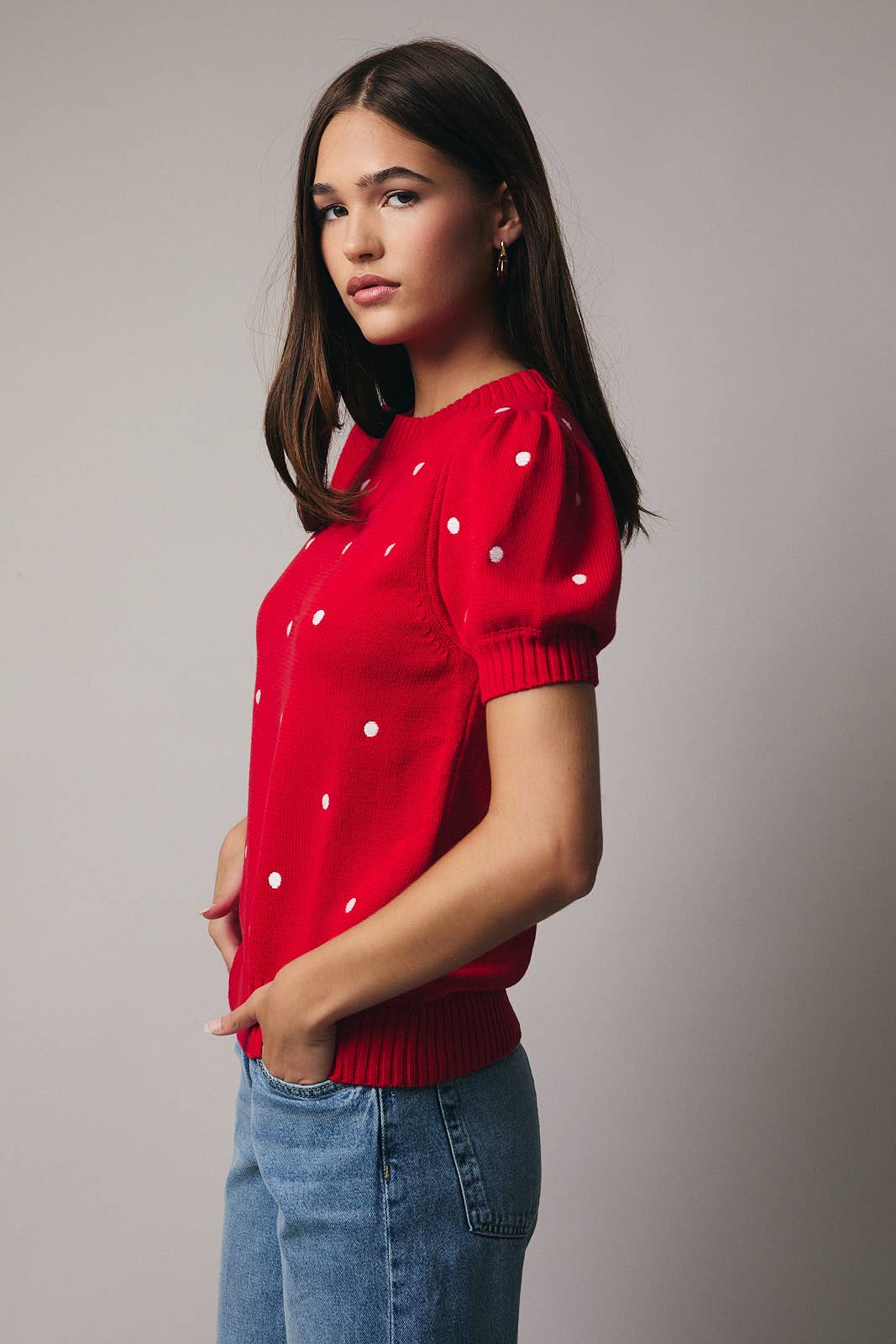 Sunday Edition - Wholesale Knit Sweater - Women's - ROUND NECK PUFF SHORT SLEEVE "POLKA DOT" EMBROIDERED SWEATER13