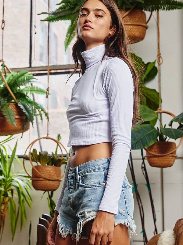 White T1895 OUTLET SALE Solid Ribbed Mock Neck Crop Top for wholesale on Faire5