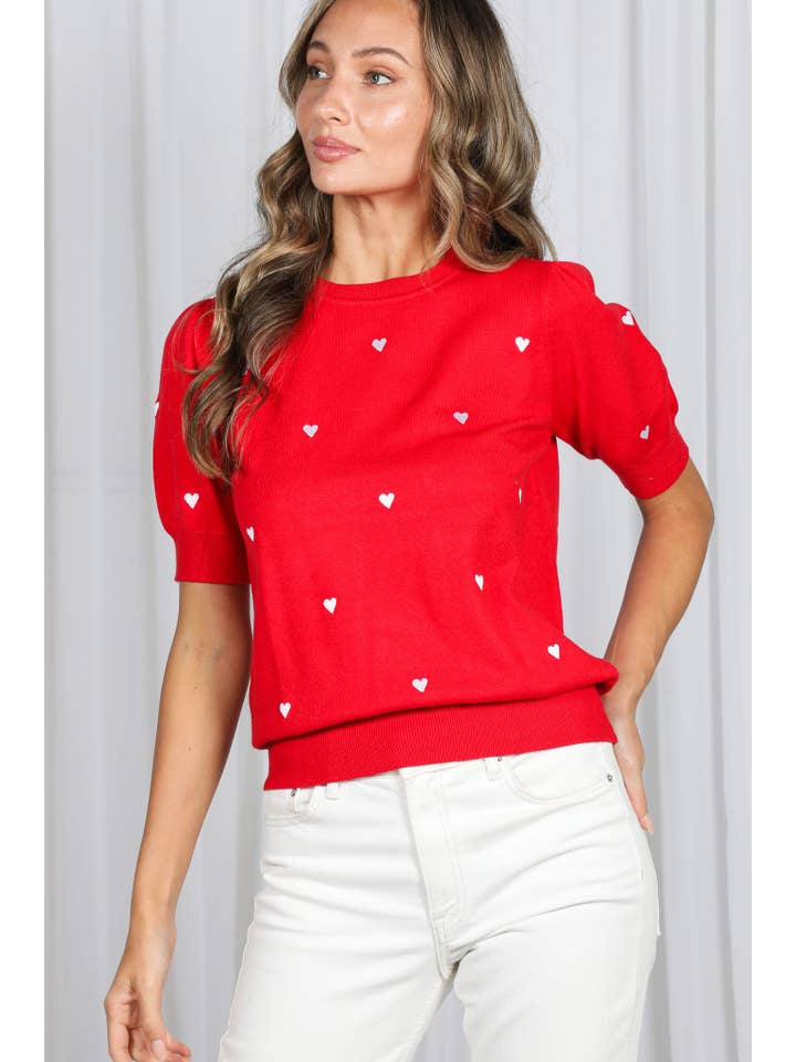 Vine & Love - Wholesale Knit Sweater - Women's - Sweetheart Embroidery Short Puff Knitted Sweater VT82686C1