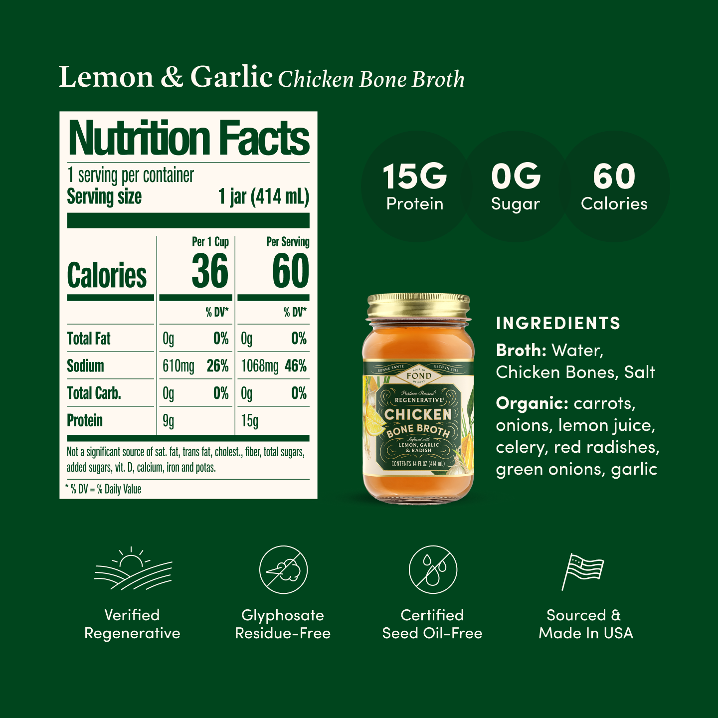 Fond Regenerative - Wholesale Broth - Lemon & Garlic Pasture-Raised Chicken Bone Broth 14oz1