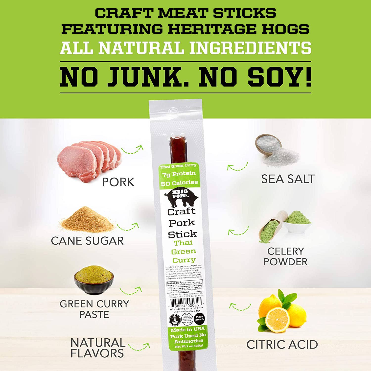 Big Fork – wholesale Torkat kött – Thailändska gröna curry-jerkysticks | Hög proteinhalt | Ta med och gå8