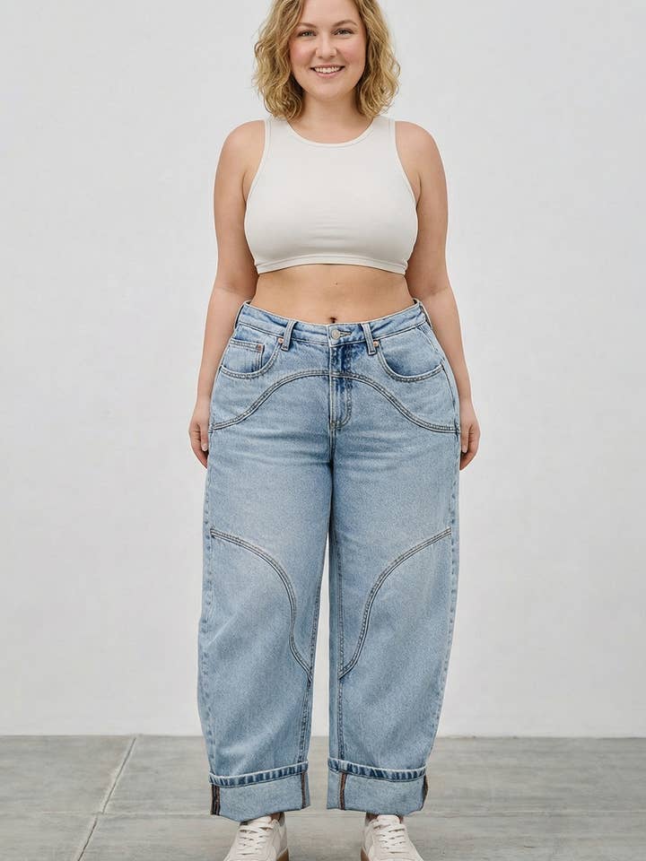 P81308ML-PLUS BARRIL DE CINTURA ALTA CON PUÑO ANCHO para venta al por mayor de SAIGE DENIM