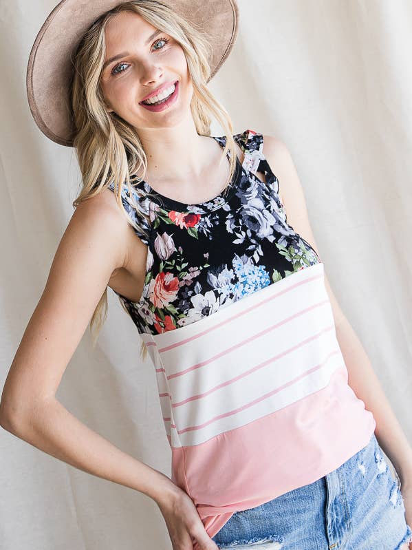 Canotta a Blocchi di Colore con Doppia Spallina e Motivo a Righe Floreali T4192 per la vendita all'ingrosso da parte di 7th Ray