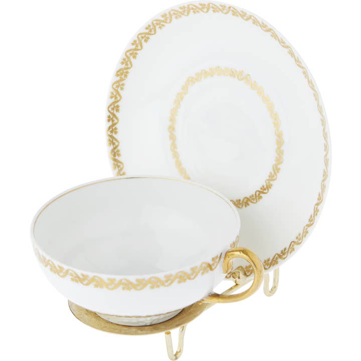 Bard's - Wholesale Decorative Tabletop Object - Bard's Ornate Gold Cup & Saucer Stand, 3" H x 2.75" W x 4" D3