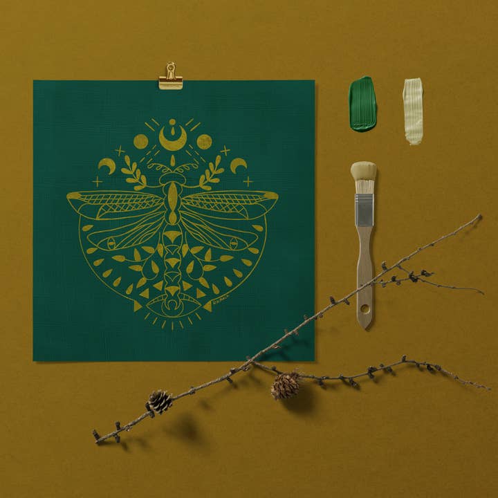 Impression artistique 8 x 8 x 8 libellules dorées pour la vente par Rikrack