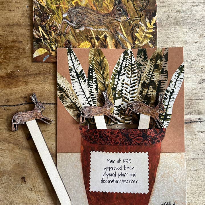 Par birkekrydsfiner Hare pottedekorationer/markør for engroshandel hos Clare O’Neill Artworks