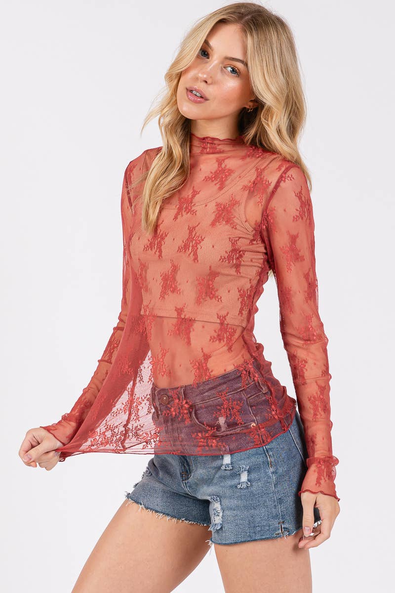 Sewn and Seen – wholesale Blus - Dam – LÅNGÄRMAD SPETSTOPP MED BLOMMÖNSTER85