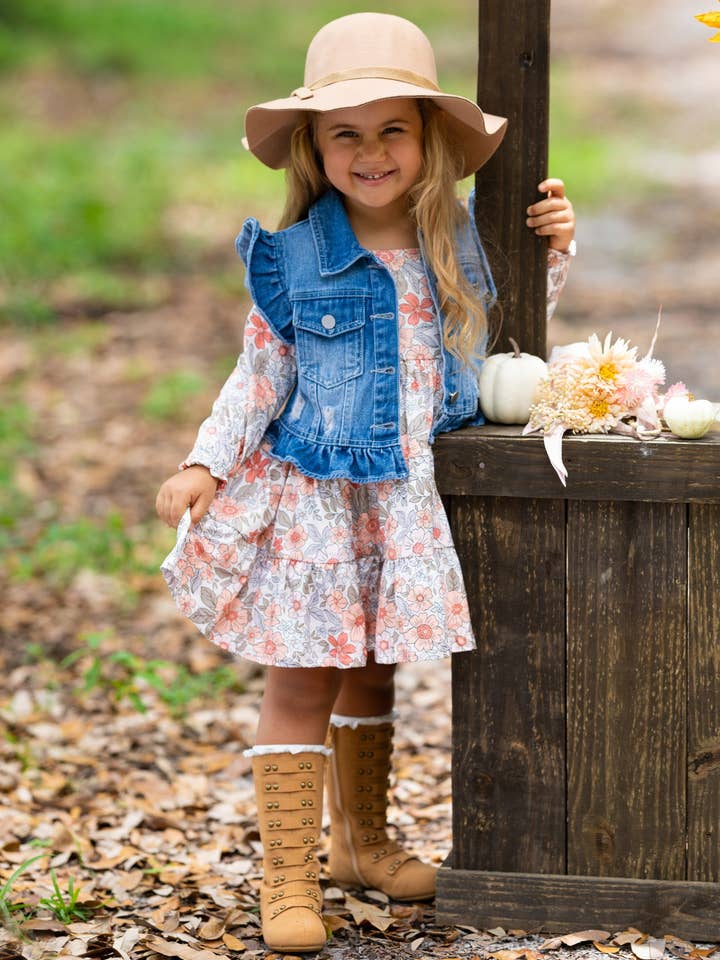 Multicolor Long Sleeve Floral Dress w/ Ruffle Denim Vest & Set for wholesale on Faire