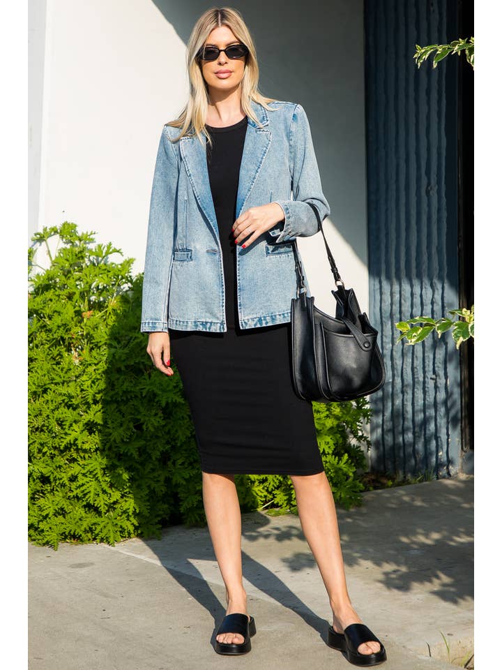 Light Wash Washed Denim Blazer W/ Welt Pockets for wholesale on Faire