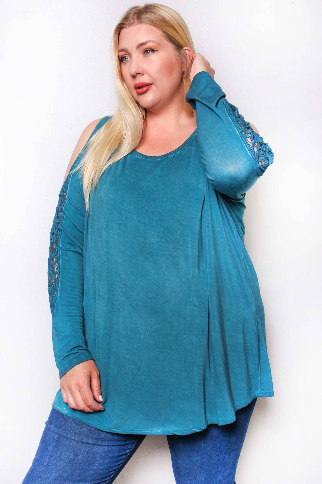 Good Stuff Apparel - Vente Tunique – femme - Haut uni à manches longues et col rond en dentelle pour femmes2