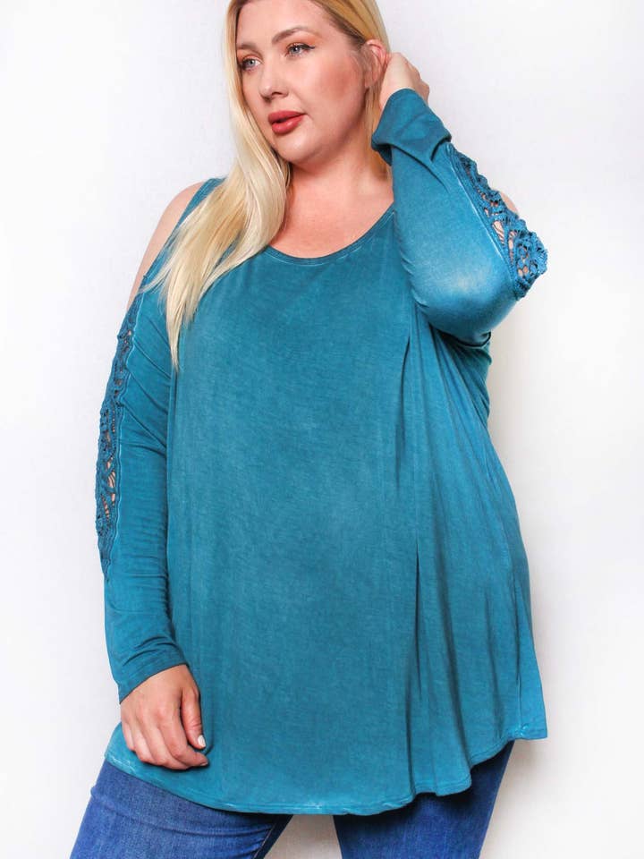 Good Stuff Apparel - Wholesale Tunic - Women's - Women's Plus Long Sleeve Cutout Lace Round Neck Solid Top2