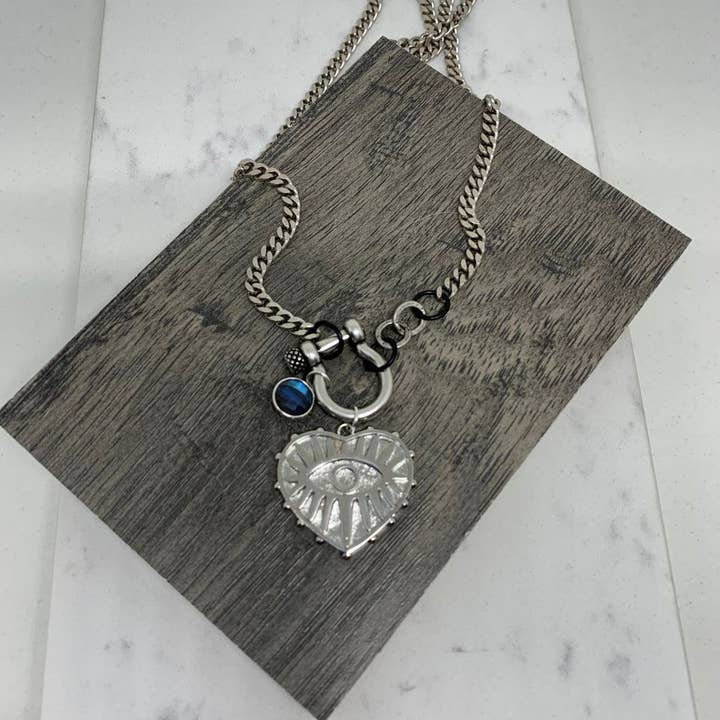 BMR - Wholesale Pendant/Charm Necklace - "U" Lock With Evil Eye Heart Charm and Labradorite Accent0