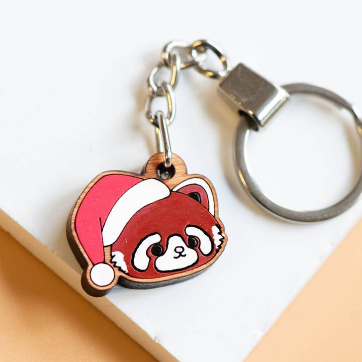 Hand-painted Red Panda with Santa Hat Christmas Wooden Keyring - KL20258 for wholesale by Robin Valley