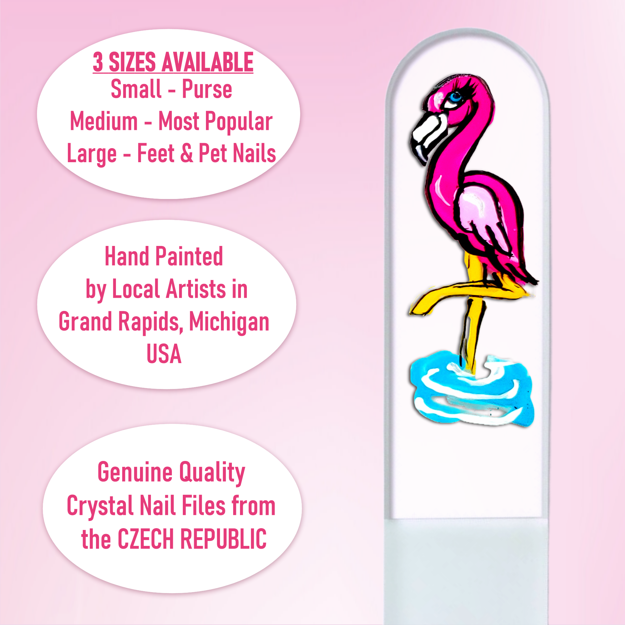Classy Nail Files - Vendita all'ingrosso Lime per unghie - Lima per Unghie in Cristallo Dipinta a Mano con Uccello Fenicottero Rosa Fauna Selvatica6