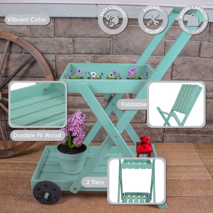 Sunnydaze Decor - Wholesale Plant Pot Stand - 2-Tier Fir Wheeled Planter Stand - Robin Egg Blue