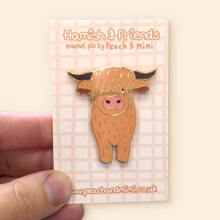 Hamish the Highland Cow Enamel Pin for wholesale by Peach and Mimi