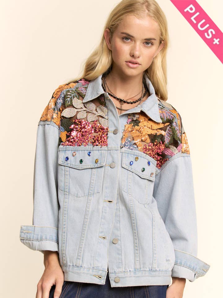 PLUS LIGHT WASH DENIM JACKET VIBRANT EMBROIDERED for wholesale by Davi & Dani