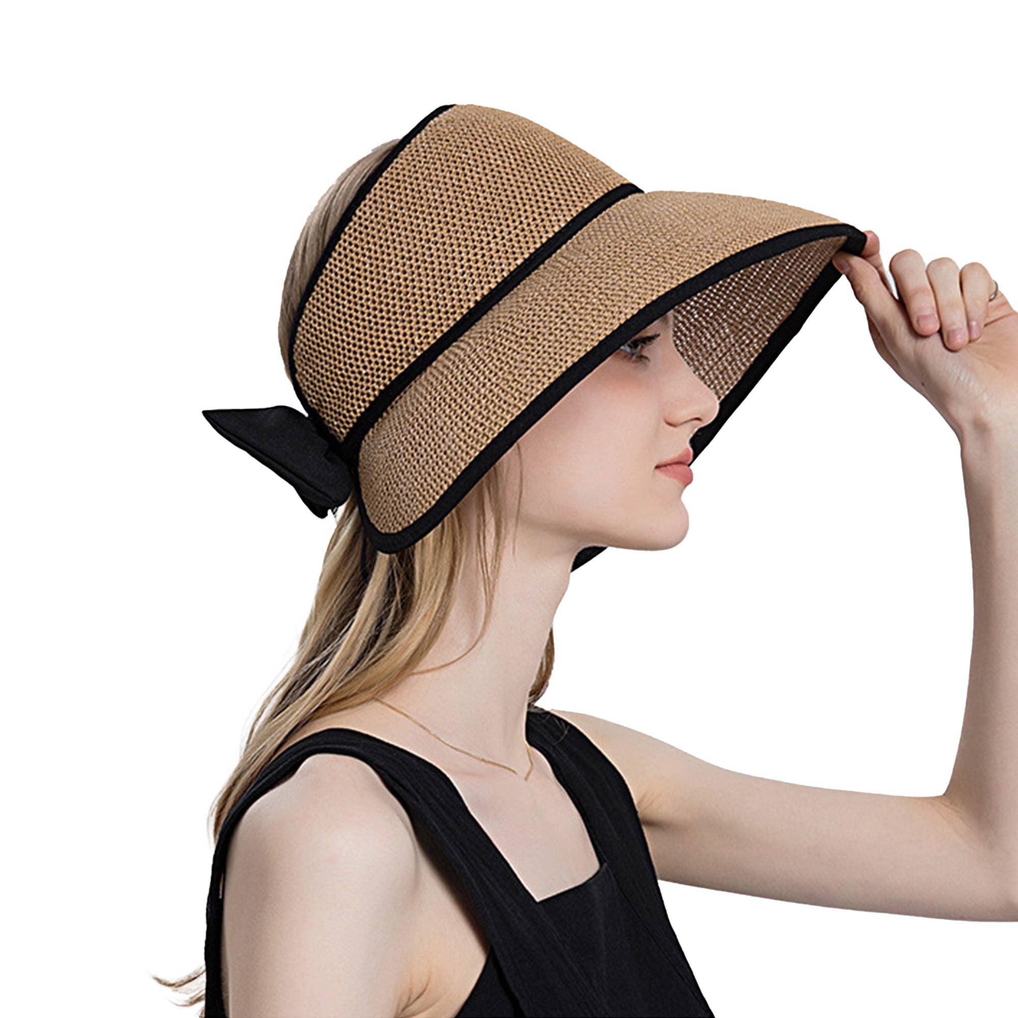 AK Brand – wholesale Visor – Women's – Women Roll-Up Straw Sun Visor with Bow Detail Adjustable Hat19
