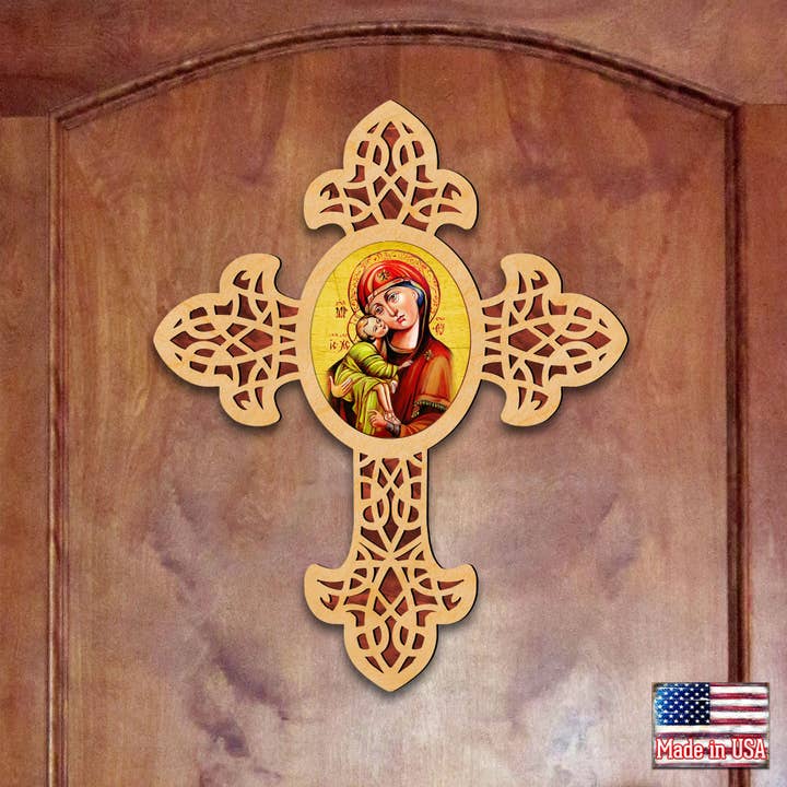 Designocracy - Venta al por mayor Cruz de pared - Cruz puntiaguda de madera inspiradora Vladimir Virgen María