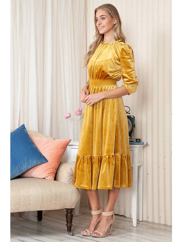Reborn J - Wholesale Dress - Women's - Velvet Three Quarter Sleeve Midi Dress