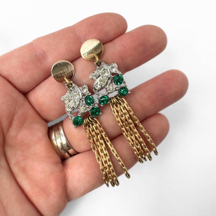 Lulu’s Petals - Wholesale Tassel Earrings - Green and clear refashioned vintage rhinestone gold tassel earrings1