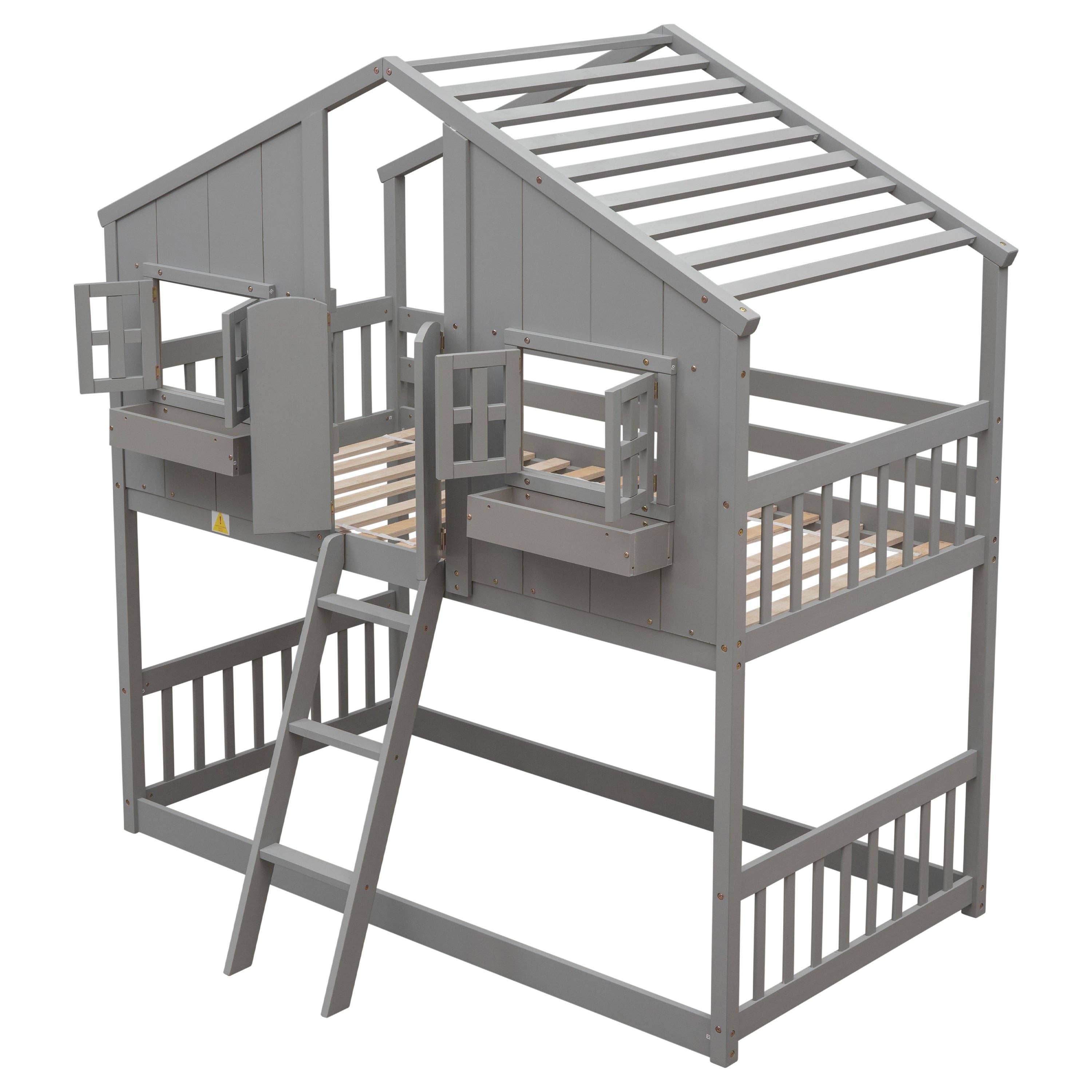 39F Inc. - Wholesale Bed - Kids & Baby - Grey Twin over Twin House Bunk Bed with Roof, Guardrails 8