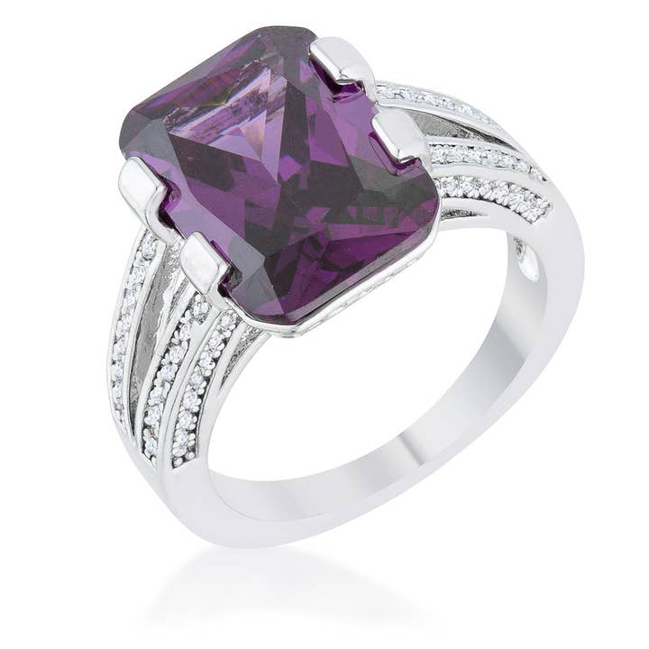 Rema 8.6ct Amethyst CZ Rhodium Emerald Classic Cocktail Ring for wholesale by JewelScent