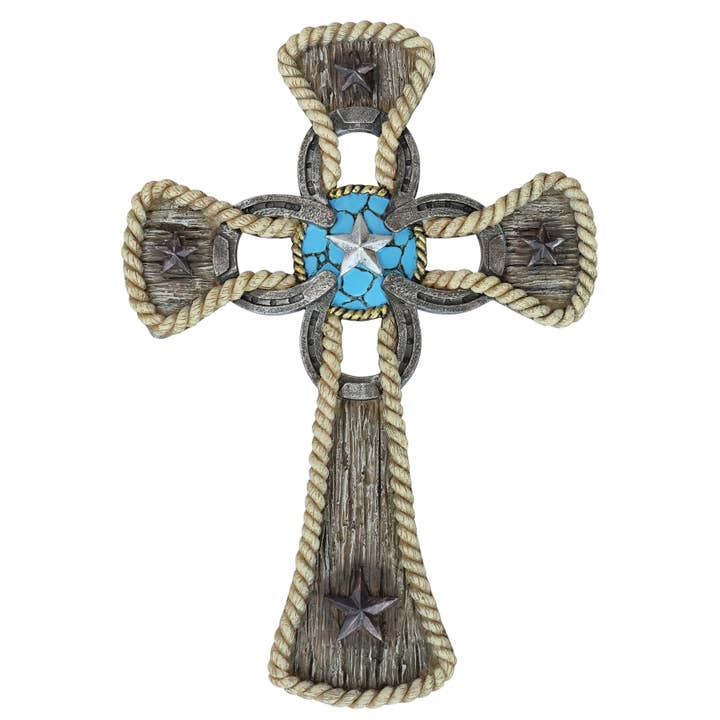 Resin Wood Rope Border Turquoise Star Wall Cross Décor for wholesale by De Leon Collections